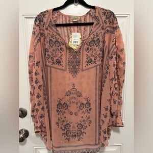 ONE WORLD Peach and Navy Floral Sheer Tie-Front Tunic